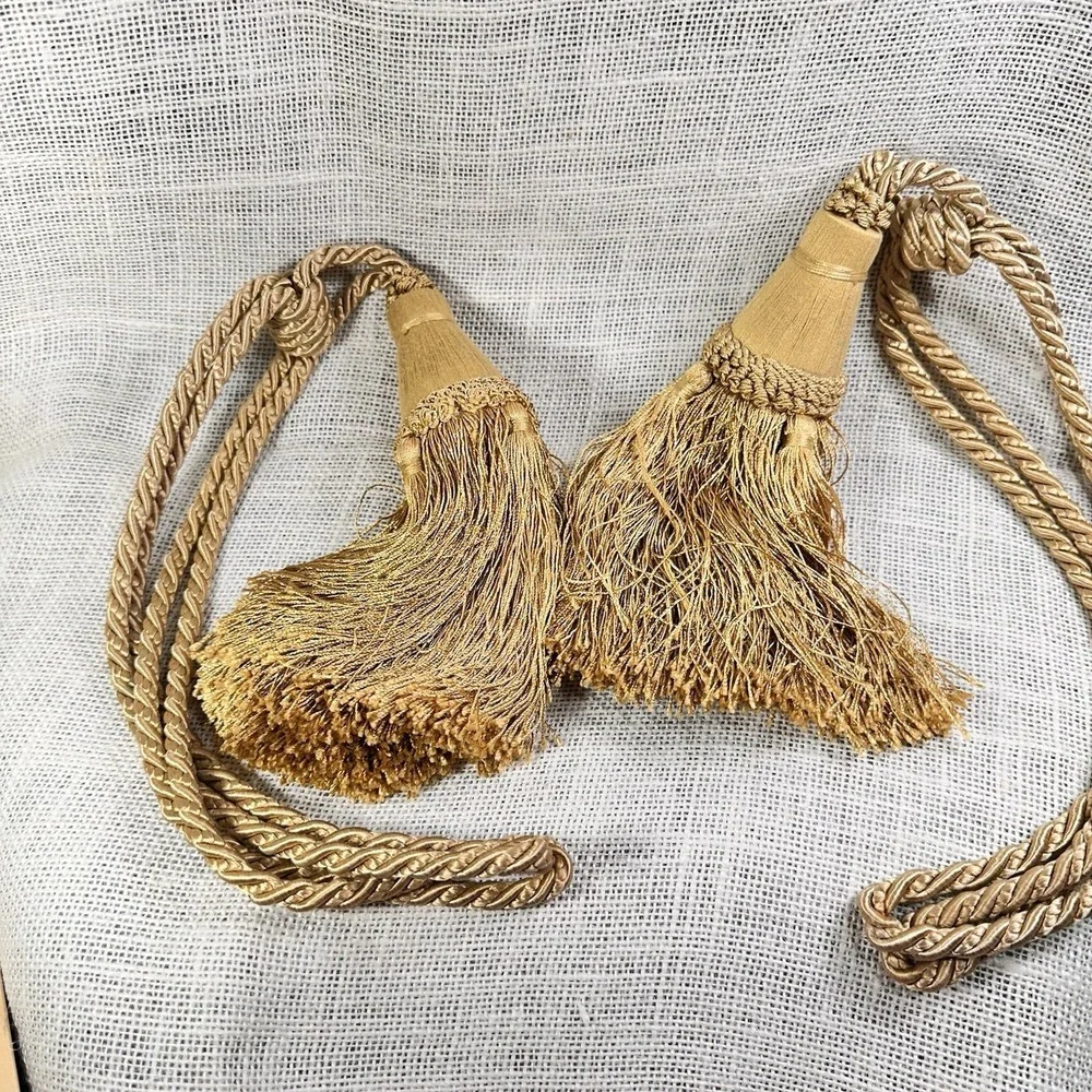 Gold Curtain Tassel Tiebacks Pair Braided Rope Drapery Holdbacks 23